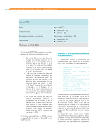 100   MANUAL DIRECTOR DE ACTIVIDAD FISICA Y SALUD DE LA REPUBLICA ARGENTINA




                  Valor de METs


                  Área                                                Valor de METs

                                                                      	 Moderado= 4.0
                  Trabajo/estudio
                                                                      	 Intenso= 8.0
                  Desplazamiento de un sitio a otro                   Caminando o en bicicleta = 4.0

                                                                      	 Moderado= 4.0
                  Tiempo libre
                                                                      	 Intenso= 8.0
                  Modificado de: OMS, 2006.



                    El nivel es MODERADO, cuando se cumplen
                    algunos de los siguientes tres criterios:                 Monitoreo de intervenciones de promoción
                                                                              de la actividad física
                         	La suma del número de días que
                           realiza actividades intensas en el                 Es importante evaluar y monitorizar las
                           trabajo y en el tiempo libre en una                intervenciones para estimular la actividad
                           semana típica es mayor o igual                     física y sus resultados, con el objetivo de:
                           a 3 días Y cuando las actividades
                           intensas en el trabajo y en el tiempo                  •	   Analizar el resultado de los
                           libre en una semana típica son mayor                        programas
                           o igual a 60 minutos ó                                 •	   Identificar     sus   fortalezas   y
                         	 La suma del número de días que                             debilidades
                           realiza actividades moderadas en                       •	   Evaluar el cumplimiento de sus
                           el trabajo y en el tiempo libre y del                       objetivos iniciales
                           número de días que camina o usa                        •	   Contribuir a la mejora progresiva de
                           bicicleta para desplazarse en una                           las iniciativas emprendidas
                           semana típica es mayor o igual                         •	   Ayudar a los responsables de
                           a 5 días Y cuando las actividades                           políticas a desarrollar nuevas y
                           moderadas en el trabajo, en el                              mejores intervenciones
                           tiempo libre y para desplazarse de                     •	   Facilitar la transparencia y la
                           un sitio a otro en una semana típica                        responsabilización (OMS, 2008).
                           son mayor o igual a 150 minutos ó
                                                                              El monitoreo de un programa de intervención
                         	La suma del número de días que                     para estimular la actividad física es la
                           realiza actividades intensas y                     evaluación sistemática de las características
                           moderadas en el trabajo y en el                    y efectos de dicha iniciativa con el fin
                           tiempo libre y del número de días                  de mejorarla (WHO, 2005). Este tipo de
                           que camina o usa bicicleta para                    evaluaciones se focaliza en la búsqueda de
                           desplazarse en una semana típica es                información que permita el monitoreo, la
                           mayor o igual a 5 días Y la actividad              mejora y la toma de decisiones sobre los
                           física total en MET- minutos por                   programas (Schmid, Librett, Neiman y otros,
                           semana >= 600.                                     2006).
                                                                              Se proponen seis pasos para realizar
                    El nivel de actividad física es BAJO, cuando              evaluaciones prácticas de programas. Estos
                    no cumple los criterios ni de ALTO ni de                  pasos se pueden realizar simultáneamente,
                    MODERADO.                                                 en orden diferente o repetido a medida que
                                                                              evolucionan las actividades de programas.
 