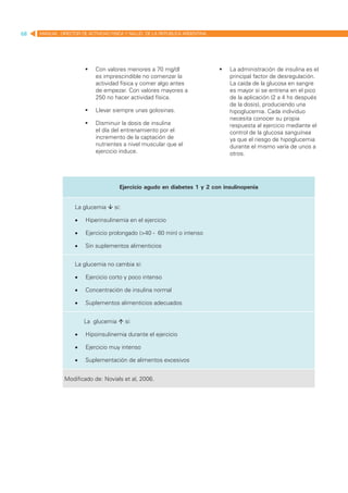 68   MANUAL DIRECTOR DE ACTIVIDAD FISICA Y SALUD DE LA REPUBLICA ARGENTINA




                        	 Con valores menores a 70 mg/dl                    	 La administración de insulina es el
                           es imprescindible no comenzar la                     principal factor de desregulación.
                           actividad física y comer algo antes                  La caída de la glucosa en sangre
                           de empezar. Con valores mayores a                    es mayor si se entrena en el pico
                           250 no hacer actividad física.                       de la aplicación (2 a 4 hs después
                                                                                de la dosis), produciendo una
                        	 Llevar siempre unas golosinas.                       hipoglucemia. Cada individuo
                                                                                necesita conocer su propia
                        	 Disminuir la dosis de insulina                       respuesta al ejercicio mediante el
                           el día del entrenamiento por el                      control de la glucosa sanguínea
                           incremento de la captación de                        ya que el riesgo de hipoglucemia
                           nutrientes a nivel muscular que el                   durante el mismo varía de unos a
                           ejercicio induce.                                    otros.




                                      Ejercicio agudo en diabetes 1 y 2 con insulinopenia


                   La glucemia  si:

                   •	   Hiperinsulinemia en el ejercicio

                   •	   Ejercicio prolongado (>40 - 60 min) o intenso

                   •	   Sin suplementos alimenticios


                   La glucemia no cambia si:

                   •	   Ejercicio corto y poco intenso

                   •	   Concentración de insulina normal

                   •	   Suplementos alimenticios adecuados


                        La glucemia  si:

                   •	   Hipoinsulinemia durante el ejercicio

                   •	   Ejercicio muy intenso

                   •	   Suplementación de alimentos excesivos


               Modificado de: Novials et al, 2006.
 