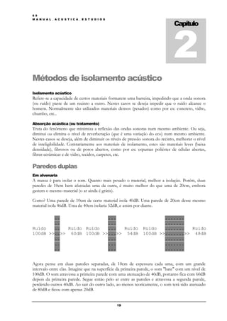 6 9




                                                                               2
M A N U A L _ A C U S T I C A _ E S T U D I O S

                                                                               Capítulo




Métodos de isolamento acústico
Isolamento acústico
Refere-se a capacidade de certos materiais formarem uma barreira, impedindo que a onda sonora
(ou ruído) passe de um recinto a outro. Nestes casos se deseja impedir que o ruído alcance o
homem. Normalmente são utilizados materiais densos (pesados) como por ex: concreto, vidro,
chumbo, etc..

Absorção acústica (ou tratamento)
Trata do fenômeno que minimiza a reflexão das ondas sonoras num mesmo ambiente. Ou seja,
diminui ou elimina o nível de reverberação (que é uma variação do eco) num mesmo ambiente.
Nestes casos se deseja, além de diminuir os níveis de pressão sonora do recinto, melhorar o nível
de inteligibilidade. Contrariamente aos materiais de isolamento, estes são materiais leves (baixa
densidade), fibrosos ou de poros abertos, como por ex: espumas poliéster de células abertas,
fibras cerâmicas e de vidro, tecidos, carpetes, etc.

Paredes duplas
Em alvenaria
A massa é para isolar o som. Quanto mais pesado o material, melhor a isolação. Porém, duas
paredes de 10cm bem afastadas uma da outra, é muito melhor do que uma de 20cm, embora
gastem o mesmo material (o ar ainda é grátis).

Como? Uma parede de 10cm de certo material isola 40dB. Uma parede de 20cm desse mesmo
material isola 46dB. Uma de 40cm isolaria 52dB, e assim por diante.

        ..                ...                                        .......
        ..                ...                                        .......
Ruído   ..  Ruído Ruído   ...  Ruído                         Ruído   .......  Ruído
100dB >>..>> 60dB 100dB >>...>> 54dB                         100dB >>.......>> 48dB
        ..                ...                                        .......
        ..                ...                                        .......
        ..                ...                                        .......


Agora pense em duas paredes separadas, de 10cm de espessura cada uma, com um grande
intervalo entre elas. Imagine que na superfície da primeira parede, o som "bate" com um nível de
100dB. O som atravessa a primeira parede com uma atenuação de 40dB, portanto fica com 60dB
depois da primeira parede. Segue então pelo ar entre as paredes e atravessa a segunda parede,
perdendo outros 40dB. Ao sair do outro lado, ao menos teoricamente, o som terá sido atenuado
de 80dB e ficou com apenas 20dB.


                                                  19
 