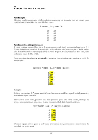 6 9
M A N U A L _ A C U S T I C A _ E S T U D I O S




Parede dupla
São duas paredes , completas e independentes, geralmente em alvenaria, com um espaço entre
elas (vazio ou preenchido com material absorvente).

                                       PAREDE | AR | PAREDE

                                                  ////        ////
                                                  ////        ////
                                                  ////        ////
                                                  ////        ////
                                                  ////        ////

Parede acústica (alta performance)
É como a parede comum (duas placas de gesso, uma em cada lado), porem mais larga (entre 12 e
30 cm) e com duas estruturas de sustentação independentes, uma para cada placa. Assim, existe
uma menor transmissão de vibrações entre as placas de gesso. Usada para dividir duas salas, com
isolamento típico de 55 a 60 dB.

(atenção: o desenho abaixo, e apenas ele, é um corte visto por cima, para mostrar os perfis de
sustentação)


                            GESSO | PERFIL | LÃ | PERFIL | GESSO

                                                    | XXX |
                                                    | []XX |
                                                    | XXX |
                                                    | XXX |
                                                    | XX[] |
                                                    | XXX |

Variações
Existem outros tipos de "parede acústica", mas baseados nessa idéia - superfícies independentes,
sem contato rígido entre elas.

Em todos os casos acima, podemos usar duas placas de gesso uma sobre a outra, em lugar de
apenas uma, aumentando a massa do sistema e sua capacidade de isolamento acústico.

                            ALVENARIA | AR | LÃ | GESSO | GESSO

                                                    //   XXX||
                                                    //   XXX||
                                                    //   XXX||
                                                    //   XXX||
                                                    //   XXX||

O maior espaço entre o gesso e a alvenaria proporciona isso, assim como a maior massa da
superfície em gesso, agora.


                                                         27
 