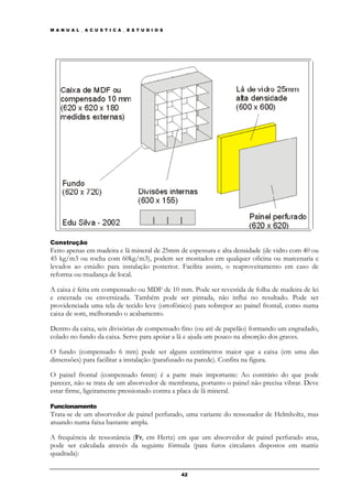 M A N U A L _ A C U S T I C A _ E S T U D I O S




Construção
Feito apenas em madeira e lã mineral de 25mm de espessura e alta densidade (de vidro com 40 ou
45 kg/m3 ou rocha com 60kg/m3), podem ser montados em qualquer oficina ou marcenaria e
levados ao estúdio para instalação posterior. Facilita assim, o reaproveitamento em caso de
reforma ou mudança de local.

A caixa é feita em compensado ou MDF de 10 mm. Pode ser revestida de folha de madeira de lei
e encerada ou envernizada. Também pode ser pintada, não influi no resultado. Pode ser
providenciada uma tela de tecido leve (ortofônico) para sobrepor ao painel frontal, como numa
caixa de som, melhorando o acabamento.

Dentro da caixa, seis divisórias de compensado fino (ou até de papelão) formando um engradado,
colado no fundo da caixa. Serve para apoiar a lã e ajuda um pouco na absorção dos graves.

O fundo (compensado 6 mm) pode ser alguns centímetros maior que a caixa (em uma das
dimensões) para facilitar a instalação (parafusado na parede). Confira na figura.

O painel frontal (compensado 6mm) é a parte mais importante: Ao contrário do que pode
parecer, não se trata de um absorvedor de membrana, portanto o painel não precisa vibrar. Deve
estar firme, ligeiramente pressionado contra a placa de lã mineral.

Funcionamento
Trata-se de um absorvedor de painel perfurado, uma variante do ressonador de Helmholtz, mas
atuando numa faixa bastante ampla.

A frequência de ressonância (Fr, em Hertz) em que um absorvedor de painel perfurado atua,
pode ser calculada através da seguinte fórmula (para furos circulares dispostos em matriz
quadrada):

                                                  42
 