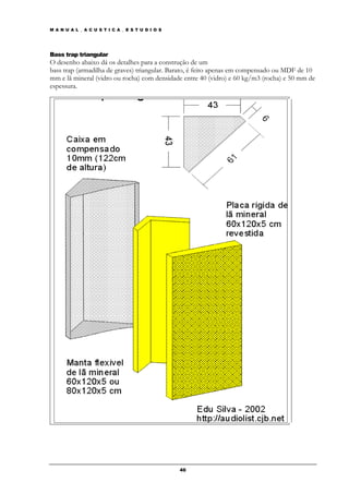 M A N U A L _ A C U S T I C A _ E S T U D I O S




Bass trap triangular
O desenho abaixo dá os detalhes para a construção de um
bass trap (armadilha de graves) triangular. Barato, é feito apenas em compensado ou MDF de 10
mm e lã mineral (vidro ou rocha) com densidade entre 40 (vidro) e 60 kg/m3 (rocha) e 50 mm de
espessura.




                                                  46
 