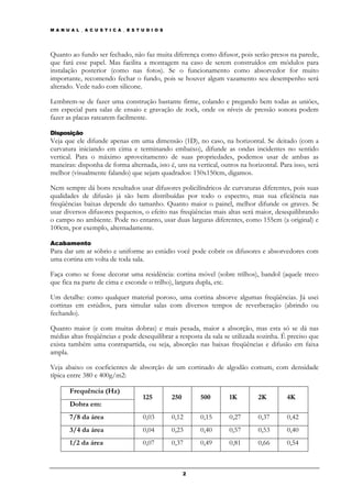 M A N U A L _ A C U S T I C A _ E S T U D I O S




Quanto ao fundo ser fechado, não faz muita diferença como difusor, pois serão presos na parede,
que fará esse papel. Mas facilita a montagem na caso de serem construídos em módulos para
instalação posterior (como nas fotos). Se o funcionamento como absorvedor for muito
importante, recomendo fechar o fundo, pois se houver algum vazamento seu desempenho será
alterado. Vede tudo com silicone.

Lembrem-se de fazer uma construção bastante firme, colando e pregando bem todas as uniões,
em especial para salas de ensaio e gravação de rock, onde os níveis de pressão sonora podem
fazer as placas ratearem facilmente.

Disposição
Veja que ele difunde apenas em uma dimensão (1D), no caso, na horizontal. Se deitado (com a
curvatura iniciando em cima e terminando embaixo), difunde as ondas incidentes no sentido
vertical. Para o máximo aproveitamento de suas propriedades, podemos usar de ambas as
maneiras: disponha de forma alternada, isto é, uns na vertical, outros na horizontal. Para isso, será
melhor (visualmente falando) que sejam quadrados: 150x150cm, digamos.

Nem sempre dá bons resultados usar difusores policilíndricos de curvaturas diferentes, pois suas
qualidades de difusão já são bem distribuídas por todo o espectro, mas sua eficiência nas
freqüências baixas depende do tamanho. Quanto maior o painel, melhor difunde os graves. Se
usar diversos difusores pequenos, o efeito nas freqüências mais altas será maior, desequilibrando
o campo no ambiente. Pode no entanto, usar duas larguras diferentes, como 155cm (a original) e
100cm, por exemplo, alternadamente.

Acabamento
Para dar um ar sóbrio e uniforme ao estúdio você pode cobrir os difusores e absorvedores com
uma cortina em volta de toda sala.

Faça como se fosse decorar uma residência: cortina móvel (sobre trilhos), bandol (aquele treco
que fica na parte de cima e esconde o trilho), largura dupla, etc.

Um detalhe: como qualquer material poroso, uma cortina absorve algumas freqüências. Já usei
cortinas em estúdios, para simular salas com diversos tempos de reverberação (abrindo ou
fechando).

Quanto maior (e com muitas dobras) e mais pesada, maior a absorção, mas esta só se dá nas
médias altas freqüências e pode desequilibrar a resposta da sala se utilizada sozinha. É preciso que
exista também uma contrapartida, ou seja, absorção nas baixas freqüências e difusão em faixa
ampla.

Veja abaixo os coeficientes de absorção de um cortinado de algodão comum, com densidade
típica entre 380 e 400g/m2:

        Frequência (Hz)
                                      125         250       500    1K         2K         4K
        Dobra em:
        7/8 da área                   0,03        0,12      0,15   0,27       0,37       0,42
        3/4 da área                   0,04        0,23      0,40   0,57       0,53       0,40
        1/2 da área                   0,07        0,37      0,49   0,81       0,66       0,54



                                                        2
 