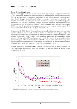 M A N U A L _ A C U S T I C A _ E S T U D I O S




Tempo de reverberação ideal
Segundo Everest[6], “...o objetivo em estúdios de locução é garantir que o tempo de reverberação
(RT60) se mantenha praticamente o mesmo em todo o espectro audível. Entretanto, isso é muito
difícil de ser conseguido, especialmente nas freqüências mais baixas. Nas altas freqüências, esse
ajuste é mais fácil, por intermédio da instalação ou remoção – conforme a necessidade – de
materiais absorventes. Em se tratando de baixas freqüências, a situação é bem diferente, pois os
absorventes são, em geral, volumosos e difíceis de serem instalados, principalmente se não
tiverem sido previstos no projeto do ambiente”. Cooper estabelece que o tempo de reverberação
(RT60) em salas de gravação destinadas, predominantemente, a rock e música popular deve
situar-se entre 0,25s e 0,75s (0,45s é ideal) em 500Hz e 1KHz.

Pesquisadores da BBC – British Broadcast Corporation, de Londres, observaram que, a partir de
opiniões subjetivas, era possível estabelecer níveis de tolerância maiores para tempos de
reverberação de sons de baixas freqüências, em percentuais relativos àqueles obtidos para os sons
situados nas faixas de 500Hz e 1KHz, o que garantiria “sonoridade” à música tocada nesses
ambientes. Spring & Randall[7] verificaram que, a partir dos tempos de reverberação obtidos
num estúdio, para as bandas de freqüências de 500Hz e 1KHz, seriam admissíveis os seguintes
percentuais para as freqüências mais baixas: tempo de reverberação até 80% maior na banda de
freqüência de 63Hz; até 20% maior em 125Hz; e, até 5% maior em 250Hz.

A Figura apresenta os resultados de EDT e T30 de cada uma das salas de gravação visitadas e a
curva RT60 ideal, construída a partir das afirmações de Cooper, Spring & Randall e dos
pesquisadores da BBC.




    Figura 2.6 Comparação entre RT60 ideal e o obtido em medições feitas em um estúdio de renome.




                                                          10
 