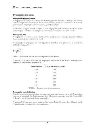 6 9
M A N U A L _ A C U S T I C A _ E S T U D I O S




Princípios do som
Princípio de Huygens-Fresnel
A propagação do som no ar se dá a partir da fonte geradora, em todas as direções. Por ser uma
vibração longitudinal das moléculas do ar, esse movimento oscilatório é transmitido de molécula
para molécula, até chegar aos nossos ouvidos, gerando a audição.

O Princípio Huygens-Fresnel se aplica a essa propagação: cada molécula de ar, ao vibrar,
transmite para a vizinha a sua oscilação, se comportando como uma nova fonte sonora.

Propagação livre
A propagação do som no ar se dá a partir da fonte geradora, com a formação de ondas esféricas.
Essas ondas terão um comprimento de onda l.

A velocidade de propagação do som depende da densidade e da pressão do ar e pode ser
calculada pela equação:

           P
V = 1,4.
           D
Onde a Velocidade V está em m/s e a temperatura t em º Celsius.

A Tabela 1.2 mostra a velocidade de propagação do som no ar em função da temperatura,
supondo-se uma umidade relativa de 50.

                             Graus Celsius         Velocidade do Som (m/s)
                                   -20                            319
                                   -10                            326
                                    0                             332
                                    10                            338
                                    20                            344
                                    30                            355
                         TABELA 1.2 Velocidade do som em função da temperatura

Propagação com obstáculos
Quando interpomos uma superfície no avanço de uma onda sonora, esta se divide em várias
partes: uma quantidade é refletida, a outra é absorvida e outra atravessa a superfície (transmitida).
A figura 3.1 nos dá o exemplo dessas quantidades.

A quantidade Si representa o som incidente; Sr o som refletido; Sd o som absorvido pela parede
(e transformado em calor) e St o som transmitido.




                                                        8
 