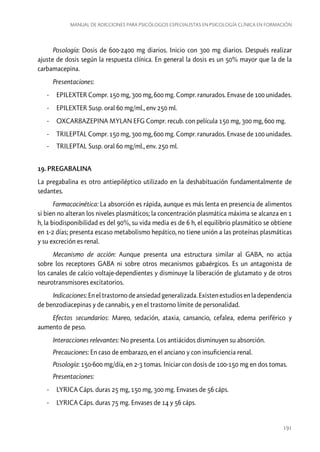 Manual de adicciones para psicólogos especialistas en psicología clínica en formación

Posología: Dosis de 600-2400 mg diarios. Inicio con 300 mg diarios. Después realizar
ajuste de dosis según la respuesta clínica. En general la dosis es un 50% mayor que la de la
carbamacepina.
Presentaciones:
-- EPILEXTER Compr. 150 mg, 300 mg, 600 mg. Compr. ranurados. Envase de 100 unidades.
-- EPILEXTER Susp. oral 60 mg/ml., env 250 ml.
-- OXCARBAZEPINA MYLAN EFG Compr. recub. con película 150 mg, 300 mg, 600 mg.
-- TRILEPTAL Compr. 150 mg, 300 mg, 600 mg. Compr. ranurados. Envase de 100 unidades.
-- TRILEPTAL Susp. oral 60 mg/ml., env. 250 ml.
19. PREGABALINA
La pregabalina es otro antiepiléptico utilizado en la deshabituación fundamentalmente de
sedantes.
Farmacocinética: La absorción es rápida, aunque es más lenta en presencia de alimentos
si bien no alteran los niveles plasmáticos; la concentración plasmática máxima se alcanza en 1
h, la biodisponibilidad es del 90%, su vida media es de 6 h, el equilibrio plasmático se obtiene
en 1-2 días; presenta escaso metabolismo hepático, no tiene unión a las proteínas plasmáticas
y su excreción es renal.
Mecanismo de acción: Aunque presenta una estructura similar al GABA, no actúa
sobre los receptores GABA ni sobre otros mecanismos gabaérgicos. Es un antagonista de
los canales de calcio voltaje-dependientes y disminuye la liberación de glutamato y de otros
neurotransmisores excitatorios.
Indicaciones: En el trastorno de ansiedad generalizada. Existen estudios en la dependencia
de benzodiacepinas y de cannabis, y en el trastorno límite de personalidad.
Efectos secundarios: Mareo, sedación, ataxia, cansancio, cefalea, edema periférico y
aumento de peso.
Interacciones relevantes: No presenta. Los antiácidos disminuyen su absorción.
Precauciones: En caso de embarazo, en el anciano y con insuficiencia renal.
Posología: 150-600 mg/día, en 2-3 tomas. Iniciar con dosis de 100-150 mg en dos tomas.
Presentaciones:
-- LYRICA Cáps. duras 25 mg, 150 mg, 300 mg. Envases de 56 cáps.
-- LYRICA Cáps. duras 75 mg. Envases de 14 y 56 cáps.

191

 
