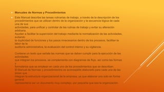  Manuales de Normas y Procedimientos
 Este Manual describe las tareas rutinarias de trabajo, a través de la descripción de los
procedimientos que se utilizan dentro de la organización y la secuencia lógica de cada
una de sus
actividades, para unificar y controlar de las rutinas de trabajo y evitar su alteración
arbitraria.
Ayudan a facilitar la supervisión del trabajo mediante la normalización de las actividades,
evitando
la duplicidad de funciones y los pasos innecesarios dentro de los procesos, facilitan la
labor de la
auditoría administrativa, la evaluación del control interno y su vigilancia.
Contiene un texto que señala las normas que se deben cumplir para la ejecución de las
actividades
que integran los procesos, se complementa con diagramas de flujo, así como las formas
y
formularios que se emplean en cada uno de los procedimientos que se describan.
El Manual de Normas y procedimientos es aconsejable elaborarlo para cada una de las
áreas que
integran la estructura organizacional de la empresa, ya que elaborar uno solo en forma
general
representaría ser un documento muy complejo, por pequeña que sea la organización.
 