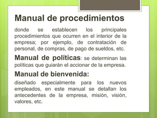 Manual de procedimientos
donde se establecen los principales
procedimientos que ocurren en el interior de la
empresa; por ejemplo, de contratación de
personal, de compras, de pago de sueldos, etc.
Manual de políticas: se determinan las
políticas que guiarán el accionar de la empresa.
Manual de bienvenida:
diseñado especialmente para los nuevos
empleados, en este manual se detallan los
antecedentes de la empresa, misión, visión,
valores, etc.
 