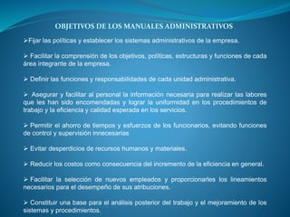 Fijar las políticas y establecer los sistemas administrativos de la empresa.
 Facilitar la comprensión de los objetivos, políticas, estructuras y funciones de cada
área integrante de la empresa.
 Definir las funciones y responsabilidades de cada unidad administrativa.
 Asegurar y facilitar al personal la información necesaria para realizar las labores
que les han sido encomendadas y lograr la uniformidad en los procedimientos de
trabajo y la eficiencia y calidad esperada en los servicios.
 Permitir el ahorro de tiempos y esfuerzos de los funcionarios, evitando funciones
de control y supervisión innecesarias
 Evitar desperdicios de recursos humanos y materiales.
 Reducir los costos como consecuencia del incremento de la eficiencia en general.
 Facilitar la selección de nuevos empleados y proporcionarles los lineamientos
necesarios para el desempeño de sus atribuciones.
 Constituir una base para el análisis posterior del trabajo y el mejoramiento de los
sistemas y procedimientos.
OBJETIVOS DE LOS MANUALES ADMINISTRATIVOS
 