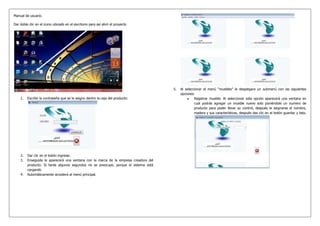 Manual de usuario.<br />Dar doble clic en el icono ubicado en el escritorio para así abrir el proyecto<br />Escribir la contraseña que se le asigno dentro la caja del producto:<br />Dar clic en el botón ingresar.<br />Enseguida le aparecerá una ventana con la marca de la empresa creadora del producto. Si tarda algunos segundos no se preocupe, porque el sistema está cargando<br />Automáticamente accederá al menú principal.<br />Al seleccionar el menú “muebles” le desplegara un submenú con las siguientes opciones:<br />Registrar mueble: Al seleccionar esta opción aparecerá una ventana en cual podrás agregar un mueble nuevo solo poniéndole un numero de producto para poder llevar su control, después le asignaras el nombre, madera y sus características, después das clic en el botón guardar y listo. <br />Modificar mueble: Al seleccionar esta opción aparecerá una ventana en cual podrás modificar los datos de un mueble ya registrado, solo poniendo su número de control, después de modificar los datos das clic en el botón guardar y listo.<br />Buscar mueble: Al seleccionar esta opción aparecerá otro submenú en el cual te dará a elegir dos opciones:<br />Madera: En esta opción podrás consultar un mueble solo seleccionando del menú desplegable el tipo de mueble que se desea.<br />Numero de producto: En esta opción podrás consultar un mueble solo escribiendo el número de producto del mueble que se desea buscar.<br />Eliminar mueble: Al seleccionar esta opción aparecerá un submenú en cual podrás seleccionar la forma en la que deseas eliminar el mueble:<br />Madera: Al seleccionar esta opción te aparecerá una ventana en la cual eliminaras el mueble solo seleccionando una de las opciones desplegables y damos clic en el botón eliminar.<br />Numero de mueble: Al seleccionar esta opción te aparecerá una ventana en la cual eliminaras el mueble solo escribiendo su número de producto y después damos clic en eliminar.<br />Reporte de muebles: Al seleccionar esta opción te mostrara un submenú:<br />General de productos: En esta opción te mostrara un reporte general de todos los productos que estén registrados.<br />Por número de productos: En esta opción te mostrara un reporte filtrado pro el número de producto de cada mueble.<br />Salir: Al seleccionar esta opción cerrara el menú principal por completo.<br />Para el siguiente apartado que se encarga de explicarle como agregar un cliente:<br />Ingresa el número de cliente:<br />Ingresa el nombre de cliente el cual desea agregar:<br />lefttop<br />Ingresa el domicilio del cliente:<br />Ingresa el RFC del cliente<br />Ingresa el código postal del cliente:<br />Ingresa el número de teléfono del cliente:<br />Para guardar las actualizaciones dar clic en el botón que se ubica en la esquina superior derecha<br />Para salir dar clic en el botón de la parte inferior derecha:<br />Para hacer una consulta de los clientes solo con el número del cliente que ya antes habíamos asignado entremos al apartado de clientes y elegir “consulta individual” luego “numero de registro”<br />Después en las flechitas daremos clic si queremos un número mayor a 1 o menor según se halla asignado el número anteriormente<br /> Ahora nos vamos con la parte de ventas:<br />Seleccionamos la pestaña VENTAS  en el menú principal para que nos muestre las opciones <br />5210175238125A realizar <br />Tenemos la opción registro de ventas la cual nos sirve para agregar una venta a nuestro sistema: nuevamente nos vamos al menú-selccionamos: registro de ventas.<br />-66675447675REGISTRO DE VENTASEL cursor aparecerá en numero de factura si el numero de factura se repite entonces aparecerá lo siguente:<br />En caso contrario el numero que introduzca será guardado como el numero de factura de la  venta que va a agregar en ese momento.<br />El cursor tomara posición en el numero de cliente, si el cliente ya había sido agregado entonces tendrá que poner la clave de cliente y todos los datos aparaceran  EJEMPLO:<br /> <br />si no entonces inicialmente asigne un numero con el cual identificara en las próximas ventas al cliente EJEMPLO:<br />-113030276225<br />Ingresar Nombre del cliente:<br />Ingresar domicilio del cliente<br />Ingresar RFC  del cliente:<br />Ingresar teléfono:<br />Código postal:<br />Ahora vamos a introducir la clave del producto que vamos a vender y los datos aparecerán ejemplo:<br />Después ingresaremos la cantidad de productos por venta ejemplo:<br />Automáticamente aparecerá el total<br />Cuando usted haga click en el botón OTRO PRODUCTO este regresara el cursor a código y usted elijira otro producto para la venta que se esta realizando y de igual manera pondrá la cantidad y al final sumaremos los totales ejemplo:<br />Al hacer click en el botón FIN DE VENTA<br />Todas las casillas se limpiaran y solo quedara el total ejemplo:<br />Al click de NOTA SENCILLA nos enviara un reporte de la venta<br />PARA IMPRIMIR LA factura de compra daremos click en la pestaña FACTURA<br />Ejemplo:<br />Para checar las bajas o productos eliminados seleccionamos la pestaña de BAJAS<br />