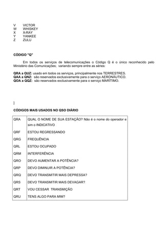 V VICTOR
W WHISKEY
X X-RAY
Y YANKEE
Z ZULU
CÓDIGO "Q"
Em todos os serviços de telecomunicações o Código Q é o único reconhecido pelo
Ministério das Comunicações; variando sempre entre as séries:
QRA a QUZ: usado em todos os serviços, principalmente nos TERRESTRES.
QAA a QNZ: são reservados exclusivamente para o serviço AERONÁUTICO.
QOA a QQZ: são reservados exclusivamente para o serviço MARÍTIMO.
]
CÓDIGOS MAIS USADOS NO QSO DIÁRIO
QRA QUAL O NOME DE SUA ESTAÇÃO? Não é o nome do operador e
sim o INDICATIVO
QRF ESTOU REGRESSANDO
QRG FREQUÊNCIA
QRL ESTOU OCUPADO
QRM INTERFERÊNCIA
QRO DEVO AUMENTAR A POTÊNCIA?
QRP DEVO DIMINUIR A POTÊNCIA?
QRQ DEVO TRANSMITIR MAIS DEPRESSA?
QRS DEVO TRANSMITIR MAIS DEVAGAR?
QRT VOU CESSAR TRANSMIÇÃO
QRU TENS ALGO PARA MIM?
 