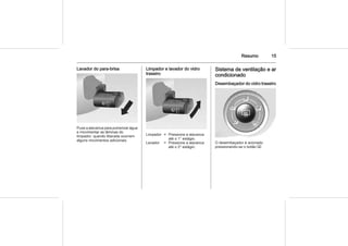 Resumo 15
Lavador do para-brisa
Puxe a alavanca para pulverizar água
e movimentar as lâminas do
limpador; quando liberada ocorrem
alguns movimentos adicionais.
Limpador e lavador do vidro
traseiro
Limpador = Pressione a alavanca
até o 1° estágio.
Lavador = Pressione a alavanca
até o 2° estágio.
Sistema de ventilação e ar
condicionado
Desembaçador do vidro traseiro
O desembaçador é acionado
pressionando-se o botão Ü.
 