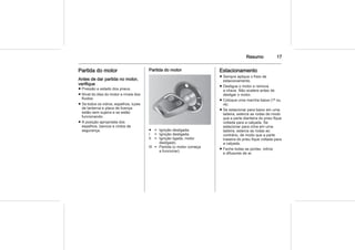 Resumo 17
Partida do motor
Antes de dar partida no motor,
verifique
■ Pressão e estado dos pneus.
■ Nível do óleo do motor e níveis dos
fluidos.
■ Se todos os vidros, espelhos, luzes
de lanterna e placa de licença
estão sem sujeira e se estão
funcionando.
■ A posição apropriada dos
espelhos, bancos e cintos de
segurança.
Partida do motor
● = Ignição desligada.
I = Ignição desligada.
II = Ignição ligada, motor
desligado.
III = Partida (o motor começa
a funcionar).
Estacionamento
■ Sempre aplique o freio de
estacionamento.
■ Desligue o motor e remova
a chave. Não acelere antes de
desligar o motor.
■ Coloque uma marcha baixa (1ª ou
ré).
■ Se estacionar para baixo em uma
ladeira, esterce as rodas de modo
que a parte dianteira do pneu fique
voltada para a calçada. Se
estacionar para cima em uma
ladeira, esterce as rodas ao
contrário, de modo que a parte
traseira do pneu fique voltada para
a calçada.
■ Feche todas as portas, vidros
e difusores de ar.
 