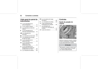 62 Comandos e controles
Visão geral do painel de
instrumentos
( Luz de advertência de
porta entreaberta .................. 72
r Luz de neblina traseira ......... 72
> Luz indicadora do farol de
neblina .................................. 72
Y Luz de advertência de
nível de combustível baixo ... 72
g Luz indicadora de
anomalia ............................... 69
P Luz indicadora de farol alto ... 72
I Luz indicadora de pressão
de óleo do motor ................... 71
R Luz de advertência do
sistema de freio ..................... 70
u Luz de advertência do
sistema de freio
antiblocante (ABS) ................ 70
W Luz de advertência de
temperatura do líquido de
arrefecimento do motor ......... 68
Z Luz indicadora de falhas ....... 69
p Luz do sistema de carga
da bateria .............................. 68
v Luz indicadora do airbag ...... 68
O Luzes indicadoras dos
sinalizadores de direção ....... 68
m Luz indicadora do
Controle de velocidade de
cruzeiro ................................. 72
8 Luzes ................. 80
Controles
Ajuste de posição do
volante
Destrave a alavanca, ajuste o volante
e trave-a novamente, e assegure-se
de que está totalmente travada.
9 Atenção
Não ajuste o volante a menos que
o veículo esteja parado e a trava
do volante esteja liberada.
de lanterna
 