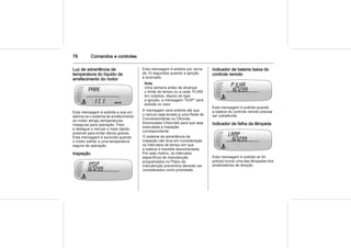 76 Comandos e controles
Luz de advertência de
temperatura do líquido de
arrefecimento do motor
Esta mensagem é exibida e soa um
alarme se o sistema de arrefecimento
do motor atingiu temperaturas
inseguras para operação. Pare
e desligue o veículo o mais rápido
possível para evitar danos graves.
Esta mensagem é excluída quando
o motor esfriar a uma temperatura
segura de operação.
Inspeção
Esta mensagem é exibida por cerca
de 10 segundos quando a ignição
é acionada.
Nota
Uma semana antes de alcançar
o limite de tempo ou a cada 10.000
km rodados, depois de ligar
a ignição, a mensagem "InSP" será
exibida no visor.
A mensagem será exibida até que
o veículo seja levado a uma Rede de
Concessionárias ou Oficinas
Autorizadas Chevrolet para que seja
executada a inspeção
correspondente.
O sistema de advertência de
inspeção não leva em consideração
os intervalos de tempo em que
a bateria é mantida desconectada.
Por este motivo, os intervalos
específicos de manutenção
programados no Plano de
manutenção preventiva deverão ser
considerados como prioridade.
Indicador de bateria baixa do
controle remoto
Esta mensagem é exibida quando
a bateria do controle remoto precisa
ser substituída.
Indicador de falha da lâmpada
Esta mensagem é exibida se for
preciso trocar uma das lâmpadas dos
sinalizadores de direção.
 