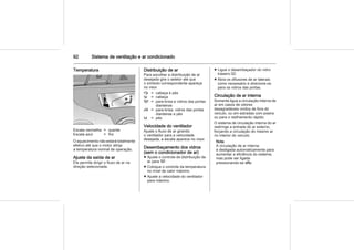 92 Sistema de ventilação e ar condicionado
Temperatura
Escala vermelha = quente
Escala azul = frio
O aquecimento não estará totalmente
efetivo até que o motor atinja
a temperatura normal de operação.
Ajuste da saída de ar
Ele permite dirigir o fluxo de ar na
direção selecionada.
Distribuição de ar
Para escolher a distribuição de ar
desejada gire o seletor até que
o símbolo correspondente apareça
no visor.
L = cabeça e pés
M = cabeça
V = para-brisa e vidros das portas
dianteiras
J = para-brisa, vidros das portas
dianteiras e pés
K = pés
Velocidade do ventilador
Ajuste o fluxo de ar girando
o ventilador para a velocidade
desejada, a escala aparece no visor.
Desembaçamento dos vidros
(sem o condicionador de ar)
■ Ajuste o controle de distribuição de
ar para V.
■ Coloque o controle da temperatura
no nível de calor máximo.
■ Ajuste a velocidade do ventilador
para máximo.
■ Ligue o desembaçador do vidro
traseiro Ü.
■ Abra os difusores de ar laterais
como necessário e direcione-os
para os vidros das portas.
Circulação de ar interna
Somente ligue a circulação interna de
ar em casos de odores
desagradáveis vindos de fora do
veículo, ou em estradas com poeira
ou para o resfriamento rápido.
O sistema de circulação interna do ar
restringe a entrada do ar externo,
forçando a circulação do mesmo ar
no interior do veículo.
Nota
A circulação de ar interna
é desligada automaticamente para
aumentar a eficiência do sistema,
mas pode ser ligada
pressionando-se 4.
 
