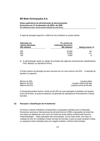 BR Malls Participações S.A.

      Notas explicativas da administração às demonstrações
      financeiras em 31 de dezembro de 2009 e de 2008
      Em milhares de reais, exceto quando indicado de outra forma




      A regra de alocação segundo o critério de risco obedece ao quadro abaixo:



      Aplicação em                                          PL mínimo da
      valores absolutos                             instituição financeira
      (R$ milhões)                                           (R$ milhões)         Rating mínimo (i)

      250                                                           45.000                    AA
      200                                                           10.000                    A+
      100                                                            5.000                     A


      (i) A administração aceita os ratings de emissão das agências internacionais classificadoras
          Fitch, Moody's ou Standard & Poors.



      O limite máximo de alocação de seus recursos em um único banco é de 25%. A restrição de
      liquidez é a seguinte:



      Mínimo de 55%                                                                Liquidez diária
      Máximo de 45%                                                      Liquidez máxima 90 dias
      Máximo de 20%                                                     Liquidez acima de 90 dias


      A Companhia poderá manter o limite de até 20% de suas aplicações investidas com liquidez
      acima de 90 dias, as quais se destinam as garantias de operações de financiamento e fiança
      bancária.



(b)   Alocação e classificação de investimento


      Os títulos e valores mobiliários correspondem a operações mantidas junto à instituições
      financeiras nacionais e internacionais de primeira linha em CDB's e operações de renda fixa
      com lastro em debêntures, bem como em títulos de dívida pública emitidos pelo Governo
      Federal Brasileiro. Estas operações são remuneradas, na sua maior parte, com base na
      variação do CDI, em condições e taxas normais de mercado, e para as quais inexistem multas
      ou quaisquer outras restrições para seu resgate imediato, conforme demonstrado:


                                                       121
 
