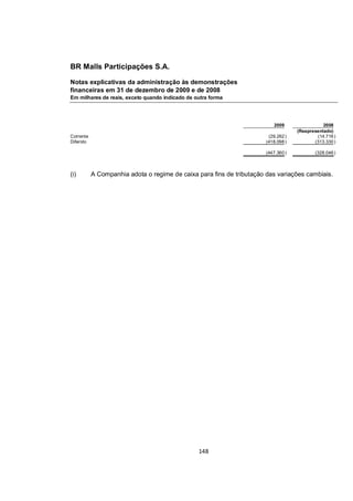 BR Malls Participações S.A.

Notas explicativas da administração às demonstrações
financeiras em 31 de dezembro de 2009 e de 2008
Em milhares de reais, exceto quando indicado de outra forma




                                                                          2009                 2008
                                                                                    (Reapresentado)
Corrente                                                                (29.262 )           (14.716 )
Diferido                                                               (418.098 )          (313.330 )

                                                                       (447.360 )           (328.046 )



(i)        A Companhia adota o regime de caixa para fins de tributação das variações cambiais.




                                                 148
 