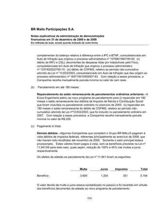 BR Malls Participações S.A.

Notas explicativas da administração às demonstrações
financeiras em 31 de dezembro de 2009 e de 2008
Em milhares de reais, exceto quando indicado de outra forma




      complementar do balanço relativa à diferença entre o IPC e BTNF, consubstanciado em
      Auto de Infração que originou o processo administrativo nº 1076801940195-50; (ii)
      débito de IRPJ e CSLL decorrentes de despesas tidas por indedutíveis pelo Fisco,
      consubstanciado em Auto de Infração que originou o processo administrativo
      nº 1537400222700-10; (iii) débito de COFINS, relativo ao período não-cumulativo
      advindo da Lei nº 10.833/2003, consubstanciado em Auto de Infração que deu origem ao
      processo administrativo nº 184710010492007-83. Com relação a esses processos, a
      Companhia recolhe mensalmente parcela mínima no valor de cem reais.

(b)   Parcelamento em até 180 meses:

      Reparcelamento do saldo remanescente de parcelamentos ordinários anteriores - A
      Ecisa Engenharia aderiu ao novo programa de parcelamento para (i) reparcelar em 180
      meses o saldo remanescente dos débitos de Imposto de Renda e Contribuição Social
      que foram incluídos no parcelamento ordinário no exercício de 2005; (ii) reparcelar em
      180 meses o saldo remanescente do débito de COFINS, relativo ao período não-
      cumulativo advindo da Lei nº10.833/2003, que foi incluído no parcelamento ordinário em
      2007. Com relação a esses processos, a Companhia recolhe mensalmente parcela
      mínima no valor de R$ 209.

(c)   Pagamento à Vista:

      Demais débitos - Algumas Companhias que compõem o Grupo BR MALLS pagaram à
      vista débitos de impostos federais, referentes principalmente ao exercício de 2008, que
      não haviam sido recolhidos até novembro de 2009. Somente o valor principal estava
      provisionado. Estes valores foram pagos à vista, com os benefícios previstos na Lei nº
      11.941/09 para este caso, quais sejam, redução de 100% e 45% nas multas e juros,
      respectivamente.

      Os efeitos da adesão ao parcelamento da Lei nº 11.941 foram os seguintes:



                                           Multa              Juros   Impostos            Total

      Benefício                            3.609              1.204         351           5.164


      O valor devido de multa e juros estava contabilizado no passivo e foi revertido em virtude
      dos benefícios decorrentes da adesão ao novo programa de parcelamento.


                                                   150
 