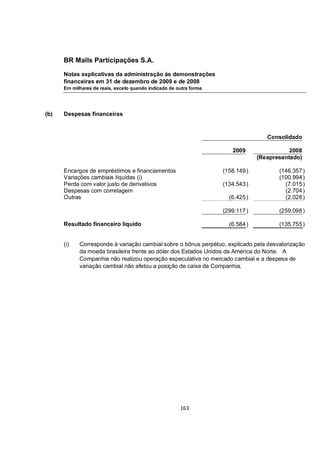 BR Malls Participações S.A.

      Notas explicativas da administração às demonstrações
      financeiras em 31 de dezembro de 2009 e de 2008
      Em milhares de reais, exceto quando indicado de outra forma




(b)   Despesas financeiras


                                                                                    Consolidado

                                                                       2009                 2008
                                                                                 (Reapresentado)

      Encargos de empréstimos e financiamentos                      (158.149 )          (146.357 )
      Variações cambiais líquidas (i)                                                   (100.994 )
      Perda com valor justo de derivativos                          (134.543 )            (7.015 )
      Despesas com corretagem                                                             (2.704 )
      Outras                                                          (6.425 )            (2.028 )

                                                                    (299.117 )          (259.098 )

      Resultado financeiro líquido                                    (6.584 )          (135.755 )


      (i)   Corresponde à variação cambial sobre o bônus perpétuo, explicado pela desvalorização
            da moeda brasileira frente ao dólar dos Estados Unidos da América do Norte. A
            Companhia não realizou operação especulativa no mercado cambial e a despesa de
            variação cambial não afetou a posição de caixa da Companhia.




                                                       163
 
