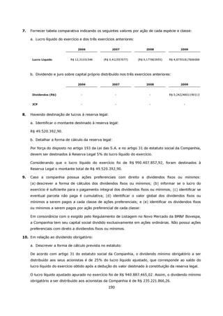 7.   Fornecer tabela comparativa indicando os seguintes valores por ação de cada espécie e classe:

     a. Lucro líquido do exercício e dos três exercícios anteriores:

                                 2006                 2007                  2008                 2009


      Lucro Líquido          R$ 13,31101546      (R$ 0,412557077)      (R$ 0,177803955)   R$ 4,87551817806088




     b. Dividendo e juro sobre capital próprio distribuído nos três exercícios anteriores:

                                 2006                 2007                  2008                 2009


      Dividendos (R$)              -                      -                   -           R$ 0,24224801190113


      JCP                          -                      -                   -                    -



8.   Havendo destinação de lucros à reserva legal:

     a. Identificar o montante destinado à reserva legal:

     R$ 49.520.392,90.

     b. Detalhar a forma de cálculo da reserva legal:

     Por força do disposto no artigo 193 da Lei das S.A. e no artigo 31 do estatuto social da Companhia,
     devem ser destinados à Reserva Legal 5% do lucro líquido do exercício.

     Considerando que o lucro líquido do exercício foi de R$ 990.407.857,92, foram destinados à
     Reserva Legal o montante total de R$ 49.520.392,90.

9.   Caso a companhia possua ações preferenciais com direito a dividendos fixos ou mínimos:
     (a) descrever a forma de cálculos dos dividendos fixos ou mínimos; (b) informar se o lucro do
     exercício é suficiente para o pagamento integral dos dividendos fixos ou mínimos; (c) identificar se
     eventual parcela não paga é cumulativa; (d) identificar o valor global dos dividendos fixos ou
     mínimos a serem pagos a cada classe de ações preferenciais; e (e) identificar os dividendos fixos
     ou mínimos a serem pagos por ação preferencial de cada classe:

     Em consonância com o exigido pelo Regulamento de Listagem no Novo Mercado da BM&F Bovespa,
     a Companhia tem seu capital social dividido exclusivamente em ações ordinárias. Não possui ações
     preferenciais com direto a dividendos fixos ou mínimos.

10. Em relação ao dividendo obrigatório:

     a. Descrever a forma de cálculo prevista no estatuto:

     De acordo com artigo 31 do estatuto social da Companhia, o dividendo mínimo obrigatório a ser
     distribuído aos seus acionistas é de 25% do lucro líquido ajustado, que corresponde ao saldo do
     lucro líquido do exercício obtido após a dedução do valor destinado à constituição da reserva legal.

     O lucro líquido ajustado apurado no exercício foi de R$ 940.887.465,02. Assim, o dividendo mínimo
     obrigatório a ser distribuído aos acionistas da Companhia é de R$ 235.221.866,26.
                                                    190
 