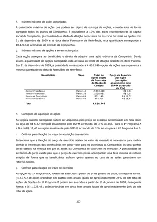 f.   Número máximo de ações abrangidas

A quantidade máxima de ações que podem ser objeto de outorga de opções, considerados de forma
agregada todos os planos da Companhia, é equivalente a 10% das ações representativas do capital
social da Companhia, já considerado o efeito da diluição decorrente do exercício de todas as opções. Em
31 de dezembro de 2009 e na data deste Formulário de Referência, esta quantidade corresponde a
10.120.644 ordinárias de emissão da Companhia.

g.   Número máximo de opções a serem outorgadas

Cada opção assegura ao beneficiário o direito de adquirir uma ação ordinária da Companhia. Sendo
assim, a quantidade de opções outorgadas está atrelada ao limite de diluição descrito no item “f”acima.
Em 31 de dezembro de 2009, a quantidade corresponde a 4.626.746 opções de ações que representa a
mesma quantidade na data do formulário de referência.

                      Beneficiário                   Plano            Total de     Preço de Exercício
                                                                    Ações objeto        por Ação
                                                                    de Contratos       (corrigido
                                                                    de Opção de     anualmente pelo
                                                                      Compra        IGP-M acrescido
                                                                                         de 3%)
        Diretor Presidente                          Plano   1   A    2.373.418                 R$ 7,81
        Diretor Financeiro                          Plano   1   B    1.028.481                 R$ 7,81
        Diretores Executivos                        Plano   4   A     831.146                R$ 11,52
        Diretor Presidente                          Plano   4   B     393.701                R$ 11,52

        Total                                                        4.626.746



h.   Condições de aquisição de ações

As Opções quando outorgadas podem ser adquiridas pelo preço de exercício determinado em cada plano
ou seja, de R$ 6,32 corrigido anualmente pelo IGP-M acrescido, de 3 % ao ano, para o 1º Programa A
e B e de R$ 11,43 corrigido anualmente pelo IGP-M, acrescido de 3 % ao ano para o 4º Programa A e B.

i.   Critérios para fixação do preço de aquisição ou exercício

Entende-se que a fixação do preço de exercício abaixo do valor de mercado é necessária para melhor
alinhar os interesses dos beneficiários em gerar valor para os acionistas da Companhia: os seus ganhos
serão obtidos na medida em que as ações da Companhia se valorizem no mercado. A possibilidade de
acréscimo de juros existe para que o preço de exercício possa acompanhar uma taxa mínima de retorno
exigido, de forma que os beneficiários aufiram ganho apenas no caso de as ações garantirem um
retorno mínimo.

j.   Critérios para fixação do prazo de exercício

As opções do 1º Programa A, podem ser exercidas a partir de 1º de janeiro de 2008, da seguinte forma:
(i) 2.373.418 ações ordinárias em quatro lotes anuais iguais de aproximadamente 25% do lote total de
ações. As Opções do 1º Programa B podem ser exercidas a partir de 1º de janeiro de 2008, da seguinte
forma: e (ii) 1.028.481 ações ordinárias em cinco lotes anuais iguais de aproximadamente 20% do lote
total de ações.



                                                    207
 