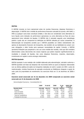 EBITDA

O EBITDA consiste no lucro operacional antes de receitas financeiras, despesas financeiras e
depreciação. O EBITDA não é medida de performance financeira calculada de acordo o BR GAAP, o
IFRS ou qualquer outra base conceitual contábil, e não deve ser considerado como alternativa ao
lucro líquido como indicador de performance operacional, ou como alternativa ao fluxo de caixa
operacional como indicador de liquidez. O EBITDA não é calculado segundo uma metodologia
padrão e pode não ser comparável às definições de EBITDA utilizada por outras companhias. A
Administração da Companhia acredita que o EBITDA possibilita um melhor entendimento não
apenas do desempenho financeiro da Companhia, mas também de sua habilidade de cumprir com
suas obrigações e obter fundos para quaisquer necessidades de capital. Contudo, o EBITDA
apresenta limitações que prejudicam o seu uso como medida das receitas, visto que não considera
determinados custos decorrentes dos nossos negócios que podem impactar significativamente os
resultados e situação de liquidez, tais como despesas financeiras, impostos, depreciação,
investimento em capital e outros encargos relacionados.

EBITDA Ajustado

EBITDA ajustado é uma medição não contábil elaborada pela administração, calculado conforme o
EBITDA ajustado com base nas despesas não recorrentes dentre as quais as despesas relacionadas
com as ofertas públicas de ações da Companhia realizadas em abril e outubro de 2007, custos de
reestruturação, receitas financeiras da operação envolvendo as Debêntures Araguaia e ajuste do
valor justo de propriedade de investimento nos exercícios findo em 31 de dezembro de 2008 e
2009.

Exercício social encerrado em 31 de dezembro de 2009 comparado ao exercício social
encerrado em 31 de dezembro de 2008

   Demonstrações Financeiras – Consolidado(R$ mil)


                                             2009         % da RL   2008     % da     2009/200
                                                                              RL       8 var%
   Receita Bruta                             429.066      109,3%    346.359 108,6%        23,9%
    Aluguéis                                  330.329       84,1%   276.263   86,6%       19,6%
    Taxa de Cessão                             12.740        3,2%     5.198   1,6%       145,1%
    Estacionamento                             42.799       10,9%    31.839   10,0%       34,4%
    Taxa de Transferência                       1.687        0,4%     1.062   0,3%        59,0%
    Prestação de Serviços                      35.095        8,9%    28.033   8,8%        25,2%




                                                     37
 