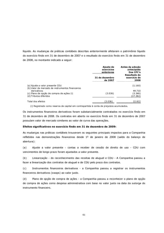 líquido. As mudanças de práticas contábeis descritas anteriormente afetaram o patrimônio líquido
do exercício findo em 31 de dezembro de 2007 e o resultado do exercício findo em 31 de dezembro
de 2008, no montante indicado a seguir:

                                                                         Ajuste de       Antes da adoção
                                                                        exercícios            antecipada
                                                                        anteriores             Dos CPC’s
                                                                                            Resultado do
                                                                  31 de dezembro             exercício de
                                                                         de 2007                    2008

      (a) Ajuste a valor presente CDU                                                               (1.160)
      (b) Valor de mercado de instrumentos financeiros
          derivativos                                                                                44.710
      (c) Plano de opção de compra de ações (i)                            (3.036)                  (3.346)
      (d) Tributos diferidos                                                                       (17.382)

      Total dos efeitos                                                   (3.036)                   22.822

        (i) Registrado como reserva de capital em contrapartida à conta de prejuízos acumulados.

Os instrumentos financeiros derivativos foram substancialmente contratados no exercício findo em
31 de dezembro de 2008. Os contratos em aberto no exercício findo em 31 de dezembro de 2007
possuíam valor de mercado similares ao valor de curva das operações.

Efeitos significativos no exercício findo em 31 de dezembro de 2009:

As mudanças nas práticas contábeis trouxeram os seguintes principais impactos para a Companhia
refletidos nas demonstrações financeiras desde 1º de janeiro de 2008 (saldo do balanço de
abertura):

(a)       Ajuste a valor presente - contas a receber de cessão de direito de uso - CDU com
vencimentos de longo prazo foram ajustados a valor presente.

(b)       Linearização - do reconhecimento das receitas de aluguel e CDU - A Companhia passou a
fazer a linearização dos contratos de aluguel e de CDU pelo prazo dos contratos.

(c)       Instrumentos financeiros derivativos - a Companhia passou a registrar os instrumentos
financeiros derivativos (swaps) ao valor justo.

(d)       Plano de opção de compra de ações - a Companhia passou a reconhecer o plano de opção
de compra de ações como despesa administrativa com base no valor justo na data da outorga do
instrumento financeiro.




                                                         61
 