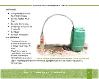 23 
MANUAL DE BUENAS PRÁCTICAS AGROECOLÓGICAS 
Materiales: 
• 1 recipiente plástico de 
20 litros (con tapa) 
• 1 balde plástico de 20 
PROYECTO FENACOOP, R. L. – CIC- Batá –AACID. 
litros 
• 1 botella desechable. 
• 1 metro de manguera de 
½ pulgada. 
• 1 embudo 
• 1 bastón de madera. 
Procedimiento: 
. En el balde plástico, 
mezclar el estiércol con 
la ceniza en 10 litros de 
agua. 
. Añadir la melaza o 
caldo y la leche o suero, 
mezclar hasta lograr 
homogenizar la solución. 
. Vaciar en el recipiente plástico la mezcla, agregar el volumen de agua que quedaba y 
homogenizar. 
Figura 10: Proceso de fermentación del biofertilizante foliar a base de estiércol de vaca. 
 