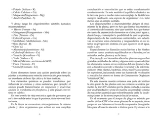 • Potasio (Kalium – K)
• Calcio (Calcium – Ca)
• Magnesio (Magnesium – Mg)
• Azufre (Sulphur – S)

Estos elementos tienen una acción profunda sobre las
plantas y muestran una estrecha interrelación, por ejemplo,
un excedente de boro fija calcio y lo hace ineficaz.
Los elementos químicos se pueden transformar por
influencia de enzimas y otras sustancias, por ejemplo: el
calcium puede transformarse en magnesium y viceversa;
calcium se transforma en phosphorus, y este puede convertirse en sulphur.
En este sentido la vieja mecánica agrícola que narra que
en la tierra debe estar lo que le pusimos, tiene severas limitaciones.
En la tierra se encuentran microrganismos, la misma
planta y otros organismos que actúan en una compleja

coordinación e interrelación que se están transformando
constantemente. En este sentido el equilibrio dinámico en
la tierra se parece mucho más a un complejo de biofábricas
siempre cambiante, una especie de organismo vivo, todo
menos que un simple sustrato.
Los oligoelementos o micronutrientes dirigen el crecimiento de la planta, pero no hay que limitar su presencia
al contenido del sustrato, sino que también hay que tomar
en cuenta la presencia de elementos en el aire, en el agua y,
desde luego, contemplar la posibilidad de que las plantas,
dependiendo de las condiciones ambientales, son selectivas en separar estos elementos y resguardarlos en su interior en proporción distinta a la que aparecen en el agua,
suelo o aire.
Especialmente las llamadas malas hierbas y las hierbas
curativas tienen un efecto equilibrador en el hombre, en los
animales, en las plantas y en la tierra.
Por ejemplo, en los suelos sílices las plantas resguardan
grandes cantidades de calcio y algunas son capaces de fijar
los elementos escasos en su contorno del aire (como lo hacen la tilandsia usneoides o tilandsia recurvata) y de interrelación con otras plantas, bacterias, virus, micorrizas o animales superiores, incluyendo entre sus fuentes de recolección
y reacción los olores en forma de Compuestos Orgánicos
Volátiles (COV).
De esta manera cuando cortamos una parte del cultivo
la otra parte de las plantas aún no cortadas se entera por
medio de los COV emitidos por la planta cortada o atacada
por un depredador y pone en marcha un complejo sistema
de reacciones químicas que redistribuyen la savia de las demás plantas de la misma especie hacia los raíces.
En el momento que el ataque de plaga es avisado por
medio de los COV a las otras plantas de su especie, éstas
preparan sus defensas en forma de compuestos desagradables para el insecto atacante o tóxicos para él y atraen a la

36

37

Y desde luego los oligoelementos también llamados
micronutrientes:
• Hierro (Ferrum – Fe)
• Manganeso (Manganesium – Mn)
• Zinc (Zincum – Zn)
• Cobre (Cuprum – Cu)
• Molibdeno (Molibdenium – Mo)
• Boro (Borum - B)
• Cloro (C)
• Aluminio (Alumninium - Al)
• Cobalto (Cobaltum – Co)
• Vanadio (Vanadium – V)
• Yodo (Yodum – Y)
• Silicio (Silicium – en forma de SiO2)
• Fluor (Fluorum – Fl)
• Cromo (Cromum – Cr)

 