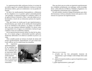 La repertorización debe realizarse incluso si se trata de
un cultivo igual con variedad diferente o incluso si se trata
del mismo cultivo, pero en condiciones o en un predio diferente.
Es decir, los medicamentos homeopáticos, a diferencia
de los alopáticos no se pueden aplicar automáticamente
–por ejemplo, si aparecen hongos en cualquier cultivo, no
se aplica la thuja occidentalis y listo–, sino que deben ser seleccionados a través de un minucioso proceso de repertorización.
Hay que tomar en cuenta que lo que repertorizamos y
transformamos por medio de la medicación homeopática
no es en realidad la sola planta y su plaga o la enfermedad, sino que estamos tratando también a la tierra como
un organismo vivo, el agua y su contenido, e incluso lo que
contiene el aire en su dinámico sistema.
En la repertorización puede influir la edad de las plantas. A la misma plaga o enfermedad pueden aplicarse
medicinas diferentes si el árbol en cuestión es joven o ya
viejo.
Otra variable puede ser incluso el estado de ánimo del
propio agrohomeópata, dependiendo con qué cristal mira
a sus cultivos, así va a seleccionar los remedios.
El
repertorio
agrohomeopático
es en realidad una
lista de enfermedades o síntomas que
se relacionan directamente con ciertos
medicamentos
y
han sido reportados en las prácticas
o en ensayos experimentales.
Trabajo de repertorización.

Hay que decir que no existe un repertorio agrohomeopático completo actualmente, sin embargo, varios investigadores –entre ellos los de México, Pakistán e Inglaterra– están trabajando arduamente para completarlo.
En este sentido, nuestros colegas homeópatas que atienden humanos e incluso animales, tienen más apoyos y referencias en el proceso de repertorización.

Preguntas de control:
1. ¿Cuales son las tres principales maneras de
	
repertorizar y qué ventajas o desventajas tiene cada
	
una?
2. ¿Qué es la materia médica y qué es el repertorio y para
	
qué sirven?
3. ¿Qué repertorizamos y para qué?
55

 