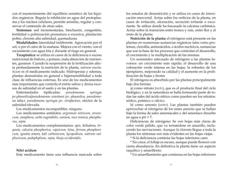 con el mantenimiento del equilibrio osmótico de los líquidos orgánicos. Regula la inhibición en agua del protoplasma y los núcleos celulares, permite asimilar, regular y conservar el contenido de otras sales.
Síntomas: sed incrementadas, hinchazón, congestión,
fertilidad o polinización prematura o excesiva, plantación
pobre, clorosis alta salinidad, quemaduras.
Modalidades: lateralidad indiferente. Agravación por el
sol, o por el calor de la mañana. Mejora con el viento, con el
rociamiento con agua fría y durante el riego en general.
Terapéutica: se utiliza en casos de la deficiencia o exceso
nutricional de fósforo, o potasio, mala absorción de nutrientes, gusanos. Cuando la suspensión de la fertilización afecta profundamente la nutrición de la planta, natrum muriaticum es el medicamento indicado. Hidropesías y edemas,
plantas desnutridas en general e hipersensibilidad a toda
clase de influencias externas. Es uno de los medicamentos
más importantes que controla el estrés salino y drena excesos de salinidad en el suelo y en las plantas.
Enfermedades
tipificadas:
pseudomonas
syringae
pv.phaseolica/pseudomonas svastanoi pv. phaseolica, pseudomona tabaci, pseudomona syringae pv. striafaciens, efectos de la
salinidad elevada.
Los medicamentos incompatibles: ninguno
Los medicamentos antídotos: argentum nitricum, arsenicum, camphora, carbo vegetabilis, conium, nux vomica, phosphorus, sepia
Los medicamentos complementarios: apis, belladona, bryonia, calcaria phosphorica, capsicum, hina, ferrum phosphoricum, ignatia amara, kali carbonicum, lycopodium, natrum sulphuricum, podophylium, sepia, thuja occidentalis.
Nitri acidum
Este medicamento tiene una influencia marcada sobre
66

los estados de desnutrición y se utiliza en casos de intoxicación mercurial. Actúa sobre los orificios de la planta, en
casos de irritación, ulceración, secreción irritante o excoriante. Se utiliza donde ha fracasado la calcárea carbónica.
Actúa sobre la transición entre tronco y raíz, entre flor y el
resto de la planta.
Nutrición de la planta: el nitrógeno está presente en las
plantas en numerosas sustancias orgánicas tales como proteínas, clorofila, aminoácidos, o ácidos nucleicos, sustancias
que son la base de los procesos que controlan el desarrollo,
el crecimiento y la multiplicación de las mismas.
Un suministro adecuado de nitrógeno a las plantas favorece: un crecimiento más rápido; el desarrollo de una
coloración verde intensa en las hojas; la robustez de los
ejemplares, mejorando su calidad y el aumento en la proliferación de hojas y brotes
El nitrógeno es absorbido por las plantas principalmente
bajo dos formas:
a) como nitrato (no3-), que es el producto final del ciclo
biológico, y en la naturaleza se halla formando parte de todas las sales del ácido nítrico como pueden ser los nitratos:
sódico, potásico o cálcico.
b) como amonio (nh4+). Las plantas también pueden
aprovechar el nitrógeno de los iones amonio que se hallan
bajo la forma de sales amoniacales y del amoníaco disuelto
en agua a pH  7.
Deficiencias de nitrógeno: Se ven hojas más claras de
color verde pálido, que va tornándose en amarillo, incluyendo las nerviaciones. Aunque la clorosis llegue a toda la
planta los síntomas son más evidentes en las hojas viejas.
* Si la deficiencia continúa las hojas inferiores caen.
* No crece, el follaje es escaso, aunque puede florecer con
cierta abundancia. En definitiva la planta tiene un aspecto
raquítico y amarillento.
* Un amarillamiento que comienza en las hojas inferiores
67

 