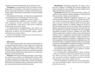 Silicea terra
Este medicamento tiene una especial importancia en
la agrohomeopatía debido al gran espectro de síntomas
que abarca. Rige los procesos de asimilación, influye de
manera determinante en la epidermis, influye en los más
diversos tejidos vegetales, domina la nutrición en general
controla a las perturbaciones importantes en la célula por
ejemplo la desmineralización.
Síntomas: absorción disminuida del agua, raíces fangosas, corteza seca y áspera o la pérdida de la misma, corteza frágil, aparición de puntos rojos, flores pequeñas y/o
prematuras, polinización deteriorada, ausente o inmadura,
replantación de respuesta pobre, maduración pobre, frutas
que caen prematuramente, semillas ausentes,

Modalidades: lateralidad izquierda. Se agrava con el
frío de la mañana o la llegada del invierno, empeora durante la luna llena y nueva. Mejora por calor, mejora con la
aplicación del agua magnetizada.
Terapéutica: plantas con crecimiento lento, ataques de
mildius u otros hongos. Plantas raquíticas. Interrupciones
del crecimiento. Atraso en la producción.
Enfermedades tipificadas: gangrena, fusarium spp., roya
húmeda, phytophora, edema, moho seco, stachybortrys chartarum, mildiu, microsphaea alni, polvil o blanco en las hojas o
oidio, sclerotinia homeocarpa. Diversos tipos de clorosis, gangrenas, hongos, cánceres en árboles, ataques de ácaros en
general, phyllocoptruta oleivora en cítricos, áfidos en general,
orugas, procesionaria del pino (choristoneura fumiferana), polilla, minadores en general, escarabajos de fruta, gorgojos
(carpophilus hemipterus, linnaeus), symphita (saw flies). Deficiencia nutricional de carbono o cobre, exceso nutricional de
carbono, cobre o manganeso, mala absorción de nutrientes,
enfermedades causadas por hongos y daños mecánicos en
general, recuperación de cortaduras y adaptación de injertos, transplantes. Pérdida de epidermis, epidermis seca o demasiado húmeda o arrugada, dañada a partir de la actividad
de insectos, enfermedades causadas por hongos, internodos
frágiles, plantas débiles y con falta de crecimiento.
Los medicamentos incompatibles: mercurium, nux vomica.
Los medicamentos antídotos: calcaria suplhurica, camphora, acid fluoricum, hepar sulphur, sulphur.
Los medicamentos complementarios: baryta carbonica,
causticum, gelsemium, ignatia amara, kali bicromica, kali carbónica, ledum, mercurium, natrum carbonicum, natrum muriáticum, nux vomica, petroleum, phosphorus, psorinum, pulsatilla,
ruta graveolens, sepia, thuja, sulphur, teucrum.
Ciclo de tratamiento: pulsatilla-silicea terra-acidum fluoricum; mercurium-hepar sulphur, silicesa terra; kali sulphuricapulsatilla-silicea terra.

72

73

ventilación. Durante el desarrollo de las primeras raíces.
Terapéutica: el medicamento activa el sistema venoso,
funge como un drenador y actúa sobre las mucosas, se utiliza en secreciones amarillas o cremosas, para desintoxicaciones, mejora deficiencias circulatorias. La planta despide
un mal olor.
Enfermedades tipificadas: se relacionan principalmente
con la germinación y nacimientos de nuevos brotes.
Los medicamentos incompatibles: acidum aceticum.
Los medicamentos antídotos: aconitum napellus, ammonium carbonicum, amonium muriaticum, arsenicum, amphora, china officinalis, cicuta aquatica, coffea, ferrum metallicum,
ignatia amara, ipecacuanha, senega.
Los medicamentos complementarios: apis, bryonia, calcarea carbónica, hypericum perforatum, ledum palustre, natrum
suphuricum, psorinum, rhus toxicodendron, spigelia, sulphur,
acid sulhuricum, veratrum album.
Ciclos de tratamiento: pulsatilla-silicea-acidum fluoricum;
kali sulphuricum-pulsatilla-silicea.

 