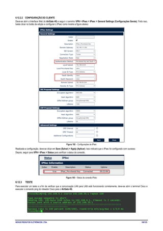 NOVUS PRODUTOS ELETRÔNICOS LTDA. 100/125
6.12.2.2 CONFIGURAÇÃO DO CLIENTE
Deve-se abrir a Interface Web do AirGate 4G e seguir o caminho VPN > IPsec > IPsec > General Settings (Configurações Gerais). Feito isso,
basta clicar no botão de edição e configurar o IPsec como mostra a figura abaixo:
Figura 192 – Configurações de IPsec
Realizada a configuração, deve-se clicar em Save (Salvar) > Apply (Aplicar). Isso indicará que o IPsec foi configurado com sucesso.
Depois, seguir para VPN > IPsec > Status para verificar o status da conexão.
Figura 193 – Status da conexão IPsec
6.12.3 TESTE
Para executar um teste e a fim de verificar que a comunicação LAN para LAN está funcionando corretamente, deve-se abrir o terminal Cisco e
executar o comando ping do roteador Cisco para o AirGate 4G.
 