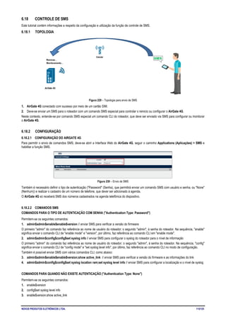 NOVUS PRODUTOS ELETRÔNICOS LTDA. 115/125
6.18 CONTROLE DE SMS
Este tutorial contém informações a respeito da configuração e utilização da função de controle de SMS.
6.18.1 TOPOLOGIA
Figura 229 – Topologia para envio de SMS
1. AirGate 4G conectado com sucesso por meio de um cartão SIM.
2. Deve-se enviar um SMS para o roteador com um comando SMS especial para controlar o reinicio ou configurar o AirGate 4G.
Neste contexto, entende-se por comando SMS especial um comando CLI do roteador, que deve ser enviado via SMS para configurar ou monitorar
o AirGate 4G.
6.18.2 CONFIGURAÇÃO
6.18.2.1 CONFIGURAÇÃO DO AIRGATE 4G
Para permitir o envio de comandos SMS, deve-se abrir a Interface Web do AirGate 4G, seguir o caminho Applications (Aplicações) > SMS e
habilitar a função SMS.
Figura 230 – Envio de SMS
Também é necessário definir o tipo de autenticação ("Password" (Senha), que permitirá enviar um comando SMS com usuário e senha, ou "None"
(Nenhum)) e realizar o cadastro de um número de telefone, que dever ser adicionado à agenda.
O AirGate 4G só receberá SMS dos números cadastrados na agenda telefônica do dispositivo.
6.18.2.2 COMANDOS SMS
COMANDOS PARA O TIPO DE AUTENTICAÇÃO COM SENHA ("Authentication Type: Password")
Permitem-se os seguintes comandos:
1. admin$admin$enable$enable$version // enviar SMS para verificar a versão do firmware
O primeiro "admin" do comando faz referência ao nome de usuário do roteador; o segundo "admin", à senha do roteador. Na sequência, "enable"
significa enviar o comando CLI de "enable mode" e "version", por último, faz referência ao comando CLI em "enable mode".
2. admin$admin$config$config$set syslog info // enviar SMS para configurar o syslog do roteador para o nível de informação
O primeiro "admin" do comando faz referência ao nome de usuário do roteador; o segundo "admin", à senha do roteador. Na sequência, "config"
significa enviar o comando CLI de "config mode" e "set syslog level info", por último, faz referência ao comando CLI no modo de configuração.
Também é possível enviar SMS com vários comandos CLI, como abaixo:
3. admin$admin$enable$enable$version;show active_link // enviar SMS para verificar a versão do firmware e as informações do link
4. admin$admin$config$config$set syslog location ram;set syslog level info // enviar SMS para configurar a localização e o nível de syslog
COMANDOS PARA QUANDO NÃO EXISTE AUTENTICAÇÃO ("Authentication Type: None")
Permitem-se os seguintes comandos:
1. enable$version
2. config$set syslog level info
3. enable$version;show active_link
 