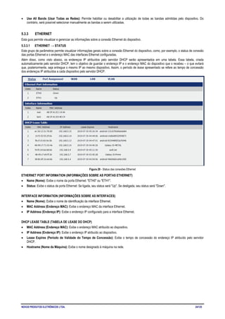 NOVUS PRODUTOS ELETRÔNICOS LTDA. 24/125
• Use All Bands (Usar Todas as Redes): Permite habilitar ou desabilitar a utilização de todas as bandas admitidas pelo dispositivo. Do
contrário, será possível selecionar manualmente as bandas a serem utilizadas.
5.3.3 ETHERNET
Esta guia permite visualizar e gerenciar as informações sobre a conexão Ethernet do dispositivo.
5.3.3.1 ETHERNET → STATUS
Este grupo de parâmetros permite visualizar informações gerais sobre a conexão Ethernet do dispositivo, como, por exemplo, o status de conexão
das portas Ethernet e o endereço MAC das interfaces Ethernet configuradas.
Além disso, como visto abaixo, os endereços IP atribuídos pelo servidor DHCP serão apresentados em uma tabela. Essa tabela, criada
automaticamente pelo servidor DHCP, tem o objetivo de guardar o endereço IP e o endereço MAC do dispositivo que o recebeu – o que evitará
que, posteriormente, seja entregue o mesmo IP ao mesmo dispositivo. Assim, o período de lease apresentado se refere ao tempo de concessão
dos endereços IP atribuídos a cada dispositivo pelo servidor DHCP.
Figura 29 - Status das conexões Ethernet
ETHERNET PORT INFORMATION (INFORMAÇÕES SOBRE AS PORTAS ETHERNET)
• Name (Nome): Exibe o nome da porta Ethernet: "ETH0" ou "ETH1".
• Status: Exibe o status da porta Ethernet: Se ligada, seu status será "Up". Se desligada, seu status será "Down".
INTERFACE INFORMATION (INFORMAÇÕES SOBRE AS INTERFACES)
• Name (Nome): Exibe o nome de identificação da interface Ethernet.
• MAC Address (Endereço MAC): Exibe o endereço MAC da interface Ethernet.
• IP Address (Endereço IP): Exibe o endereço IP configurado para a interface Ethernet.
DHCP LEASE TABLE (TABELA DE LEASE DO DHCP)
• MAC Address (Endereço MAC): Exibe o endereço MAC atribuído ao dispositivo.
• IP Address (Endereço IP): Exibe o endereço IP atribuído ao dispositivo.
• Lease Expires (Período de Validade do Tempo de Concessão): Exibe o tempo de concessão do endereço IP atribuído pelo servidor
DHCP.
• Hostname (Nome da Máquina): Exibe o nome designado à máquina na rede.
 