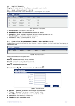 NOVUS PRODUTOS ELETRÔNICOS LTDA. 39/125
5.5.2 ROUTE (ROTEAMENTO)
Esta guia permite visualizar e gerenciar informações sobre o roteamento de dados do dispositivo.
5.5.2.1 ROUTE → STATUS (ROTEAMENTO → STATUS)
Este grupo de parâmetros permite visualizar informações sobre as rotas configuradas para o dispositivo.
Figura 59 - Informação de rotas estáticas
• Destination (Destino): Exibe o destino do tráfego dessa rota.
• Netmask (Máscara de Rede): Exibe a máscara de rede configurada para essa rota.
• Gateway: Exibe o gateway, utilizado para rotear pacotes para redes remotas, configurado para essa rota.
• Metric (Métrica): Exibe o valor da métrica configurado para essa rota.
• Interface: Exibe a interface de saída configurada para essa rota.
5.5.2.2 ROUTE → ROUTE TABLE INFORMATION (ROTEAMENTO → TABELA DE ROTAS ESTÁTICAS)
Este grupo de parâmetros permite configurar rotas para o dispositivo. O roteamento estático se refere a um método manual de configuração de
roteamento entre redes.
Figura 60 – Tabela de rotas estáticas
Este grupo de parâmetros possui os seguintes botões:
Botão : Permite adicionar uma nova rota para o dispositivo.
Botão : Permite editar as configurações da rota selecionada.
Botão : Permite deletar a rota selecionada.
Como pode ser visto na Figura 61, é possível criar uma nova rota ao clicar no botão .
Figura 61 - Configuração de rotas
• Description (Descrição): Permite inserir a descrição da regra de rota estática atual.
• IP Address (Endereço IP): Permite inserir o endereço IP da rede de destino.
• Netmask (Máscara de Rede): Permite inserir a máscara de rede da rede de destino.
• Gateway: Permite inserir o endereço IP do gateway local.
• Interface: Permite definir a interface a ser utilizada.
 