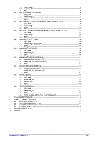 NOVUS PRODUTOS ELETRÔNICOS LTDA. 4/125
6.10.2 CONFIGURAÇÃO........................................................................................................................................90
6.10.3 TESTE .........................................................................................................................................................92
6.11 IPsec: FQDN PARA ROTEADOR CISCO.................................................................................................................94
6.11.1 TOPOLOGIA................................................................................................................................................94
6.11.2 CONFIGURAÇÃO........................................................................................................................................94
6.11.3 TESTE .........................................................................................................................................................96
6.12 IPsec: CHAVE PRÉ-COMPARTILHADA E XAUTH PARA O ROTEADOR CISCO .................................................98
6.12.1 TOPOLOGIA................................................................................................................................................98
6.12.2 CONFIGURAÇÃO........................................................................................................................................98
6.12.3 TESTE .......................................................................................................................................................100
6.13 IPsec: FQDN, CHAVE PRÉ-COMPARTILHADA E XAUTH PARA O ROTEADOR CISCO...................................102
6.13.1 TOPOLOGIA..............................................................................................................................................102
6.13.2 CONFIGURAÇÃO......................................................................................................................................102
6.13.3 TESTE .......................................................................................................................................................104
6.14 CONFIGURAÇÕES DE CELULAR .........................................................................................................................106
6.14.1 TOPOLOGIA..............................................................................................................................................106
6.14.2 CONFIGURAÇÃO DE CELULAR..............................................................................................................106
6.14.3 TESTE .......................................................................................................................................................107
6.15 CONFIGURAÇÕES ETHERNET.............................................................................................................................108
6.15.1 TOPOLOGIA..............................................................................................................................................108
6.15.2 CONFIGURAÇÃO......................................................................................................................................108
6.15.3 TESTE .......................................................................................................................................................109
6.16 CONFIGURAÇÕES DA ENTRADA DIGITAL..........................................................................................................111
6.16.1 DIAGRAMA DE APLICAÇÃO TÍPICA .......................................................................................................111
6.16.2 CONFIGURAÇÃO DA ENTRADA DIGITAL..............................................................................................111
6.16.3 TESTE .......................................................................................................................................................112
6.17 CONFIGURAÇÕES DA SAÍDA DIGITAL................................................................................................................113
6.17.1 DIAGRAMA DE APLICAÇÃO TÍPICA .......................................................................................................113
6.17.2 CONFIGURAÇÃO DA SAÍDA DIGITAL.....................................................................................................113
6.17.3 TESTE .......................................................................................................................................................114
6.18 CONTROLE DE SMS..............................................................................................................................................115
6.18.1 TOPOLOGIA..............................................................................................................................................115
6.18.2 CONFIGURAÇÃO......................................................................................................................................115
6.18.3 COMANDOS CLI.......................................................................................................................................116
6.18.4 TESTE .......................................................................................................................................................116
6.19 EVENTOS DE SMS (DIDO) ....................................................................................................................................117
6.19.1 TOPOLOGIA..............................................................................................................................................117
6.19.2 CONFIGURAÇÃO......................................................................................................................................117
6.19.3 TESTE .......................................................................................................................................................118
6.19.4 STATUS DA SAÍDA DIGITAL PARA TELEFONE CELULAR...................................................................119
7 RESOLUÇÃO DE PROBLEMAS...........................................................................................................................................120
8 LINHA DE COMANDO DA INTERFACE...............................................................................................................................121
8.1 ACESSO À CLI DO AIRGATE 4G...........................................................................................................................121
8.2 COMANDOS DE REFERÊNCIA DA CLI.................................................................................................................121
8.3 COMO CONFIGURAR A CLI ..................................................................................................................................122
9 ESPECIFICAÇÕES TÉCNICAS............................................................................................................................................123
10 GARANTIA ............................................................................................................................................................................125
 