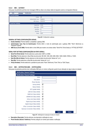 NOVUS PRODUTOS ELETRÔNICOS LTDA. 44/125
5.6.2.2 SMS → GATEWAY
Este grupo de parâmetros permite enviar mensagens SMS ao utilizar uma sintaxe válida do dispositivo serial ou do dispositivo Ethernet.
Figura 69 - Configurando o gateway
GENERAL SETTINGS (CONFIGURAÇÕES GERAIS)
• Enable (Habilitar): Permite habilitar ou desabilitar o gateway SMS.
• Authentication Type (Tipo de Autenticação): Permite definir o modo de autenticação para o gateway SMS: "None" (Nenhuma) ou
"Password" (Senha).
• SMS Source (Fonte SMS): Permite definir a fonte SMS para receber uma sintaxe válida: "Serial Port" (Porta Serial) ou "HTTP(S) GET/POST".
SERIAL PORT SETTINGS (CONFIGURAÇÕES DA PORTA SERIAL)
• Serial Port (Porta Serial): Permite selecionar a porta serial: COM1 ou COM2.
• Baud Rate: Permite selecionar o Baud Rate da porta serial: 300, 600, 1200, 2400, 4800, 9600, 19200, 38400, 57600 ou 115200.
• Data Bits (Bits de Dados): Permite selecionar os bits de dados da porta serial: Valores de 7 ou 8.
• Stop Bits: Permite selecionar os Stop Bits da porta serial: Valores de 1 ou 2.
• Parity (Paridade): Permite selecionar a paridade da porta serial: "None" (Nenhuma), "Even" (Par) ou "Odd" (Ímpar).
5.6.2.3 SMS → NOTIFICATION (SMS → NOTIFICAÇÕES)
Este grupo de parâmetros permite enviar notificações SMS para um número configurado quando houver alteração em algum status do roteador.
Figura 70 - Notificação de mudanças em status do roteador
• Description (Descrição): Permite adicionar uma descrição à notificação do canal.
• Phone Number (Número Telefônico): Permite configurar um número para receber a notificação.
 