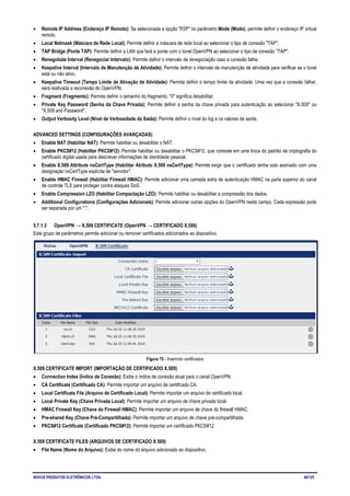 NOVUS PRODUTOS ELETRÔNICOS LTDA. 48/125
• Remote IP Address (Endereço IP Remoto): Se selecionada a opção "P2P" no parâmetro Mode (Modo), permite definir o endereço IP virtual
remoto.
• Local Netmask (Máscara de Rede Local): Permite definir a máscara de rede local ao selecionar o tipo de conexão "TAP".
• TAP Bridge (Ponte TAP): Permite definir a LAN que fará a ponte com o túnel OpenVPN ao selecionar o tipo de conexão "TAP".
• Renegotiate Interval (Renegociar Intervalo): Permite definir o intervalo de renegociação caso a conexão falhe.
• Keepalive Interval (Intervalo de Manutenção de Atividade): Permite definir o intervalo de manutenção de atividade para verificar se o túnel
está ou não ativo.
• Keepalive Timeout (Tempo Limite de Ativação de Atividade): Permite definir o tempo limite da atividade. Uma vez que a conexão falhar,
será reativada a reconexão do OpenVPN.
• Fragment (Fragmento): Permite definir o tamanho do fragmento. "0" significa desabilitar.
• Private Key Password (Senha da Chave Privada): Permite definir a senha da chave privada para autenticação ao selecionar "X.509" ou
"X.509 and Password".
• Output Verbosity Level (Nível de Verbosidade da Saída): Permite definir o nível do log e os valores de saída.
ADVANCED SETTINGS (CONFIGURAÇÕES AVANÇADAS)
• Enable NAT (Habilitar NAT): Permite habilitar ou desabilitar o NAT.
• Enable PKCS#12 (Habilitar PKCS#12): Permite habilitar ou desabilitar o PKCS#12, que consiste em uma troca do padrão de criptografia do
certificado digital usada para descrever informações de identidade pessoal.
• Enable X.509 Attribute nsCertType (Habilitar Atributo X.509 nsCertType): Permite exigir que o certificado tenha sido assinado com uma
designação nsCertType explícita de "servidor".
• Enable HMAC Firewall (Habilitar Firewall HMAC): Permite adicionar uma camada extra de autenticação HMAC na parte superior do canal
de controle TLS para proteger contra ataques DoS.
• Enable Compression LZO (Habilitar Compactação LZO): Permite habilitar ou desabilitar a compressão dos dados.
• Additional Configurations (Configurações Adicionais): Permite adicionar outras opções do OpenVPN neste campo. Cada expressão pode
ser separada por um ";".
5.7.1.3 OpenVPN → X.509 CERTIFICATE (OpenVPN → CERTIFICADO X.509)
Este grupo de parâmetros permite adicionar ou remover certificados adicionados ao dispositivo.
Figura 75 - Inserindo certificados
X.509 CERTIFICATE IMPORT (IMPORTAÇÃO DE CERTIFICADO X.509)
• Connection Index (Índice de Conexão): Exibe o índice de conexão atual para o canal OpenVPN.
• CA Certificate (Certificado CA): Permite importar um arquivo de certificado CA.
• Local Certificate File (Arquivo de Certificado Local): Permite importar um arquivo de certificado local.
• Local Private Key (Chave Privada Local): Permite importar um arquivo de chave privada local.
• HMAC Firewall Key (Chave do Firewall HMAC): Permite importar um arquivo de chave do firewall HMAC.
• Pre-shared Key (Chave Pré-Compartilhada): Permite importar um arquivo de chave pré-compartilhada.
• PKCS#12 Certificate (Certificado PKCS#12): Permite importar um certificado PKCS#12.
X.509 CERTIFICATE FILES (ARQUIVOS DE CERTIFICADO X.509)
• File Name (Nome do Arquivo): Exibe do nome do arquivo adicionado ao dispositivo.
 