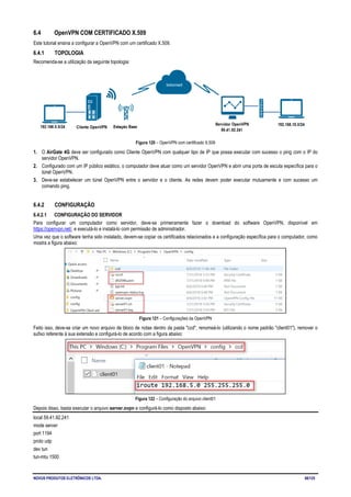 NOVUS PRODUTOS ELETRÔNICOS LTDA. 68/125
6.4 OpenVPN COM CERTIFICADO X.509
Este tutorial ensina a configurar a OpenVPN com um certificado X.509.
6.4.1 TOPOLOGIA
Recomenda-se a utilização da seguinte topologia:
Figura 120 – OpenVPN com certificado X.509
1. O AirGate 4G deve ser configurado como Cliente OpenVPN com qualquer tipo de IP que possa executar com sucesso o ping com o IP do
servidor OpenVPN.
2. Configurado com um IP público estático, o computador deve atuar como um servidor OpenVPN e abrir uma porta de escuta específica para o
túnel OpenVPN.
3. Deve-se estabelecer um túnel OpenVPN entre o servidor e o cliente. As redes devem poder executar mutuamente e com sucesso um
comando ping.
6.4.2 CONFIGURAÇÃO
6.4.2.1 CONFIGURAÇÃO DO SERVIDOR
Para configurar um computador como servidor, deve-se primeiramente fazer o download do software OpenVPN, disponível em
https://openvpn.net/, e executá-lo e instalá-lo com permissão de administrador.
Uma vez que o software tenha sido instalado, devem-se copiar os certificados relacionados e a configuração específica para o computador, como
mostra a figura abaixo:
Figura 121 – Configurações da OpenVPN
Feito isso, deve-se criar um novo arquivo de bloco de notas dentro da pasta "ccd", renomeá-lo (utilizando o nome padrão "client01"), remover o
sufixo referente à sua extensão e configurá-lo de acordo com a figura abaixo:
Figura 122 – Configuração do arquivo client01
Depois disso, basta executar o arquivo server.ovpn e configurá-lo como disposto abaixo:
local 59.41.92.241
mode server
port 1194
proto udp
dev tun
tun-mtu 1500
 