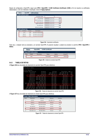 NOVUS PRODUTOS ELETRÔNICOS LTDA. 70/125
Depois de configurada a OpenVPN, seguir para VPN > OpenVPN > X.509 Certificate (Certificado X.509) a fim de importar os certificados
relacionados e, uma vez realizada a importação, clicar em Apply (Aplicar).
Figura 124 – Importando certificados
Feito isso, o roteador terá se conectado a um servidor OpenVPN. É possível visualizar o estado da conexão no caminho VPN > OpenVPN >
Status.
Figura 125 – Estado da conexão OpenVPN
6.4.3 TABELA DE ROTAS
A Figura 126 traz uma tabela de roteamento do servidor OpenVPN para referência:
Figura 126 – Tabela de roteamento do servidor OpenVPN
A Figura 127 traz uma tabela de roteamento do cliente OpenVPN para referência:
Figura 127 – Tabela de roteamento do cliente OpenVPN
 