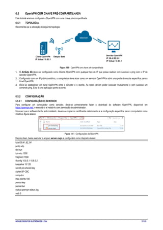 NOVUS PRODUTOS ELETRÔNICOS LTDA. 72/125
6.5 OpenVPN COM CHAVE PRÉ-COMPARTILHADA
Este tutorial ensina a configurar a OpenVPN com uma chave pré-compartilhada.
6.5.1 TOPOLOGIA
Recomenda-se a utilização da seguinte topologia:
Figura 130 – OpenVPN com chave pré-compartilhada
1. O AirGate 4G deve ser configurado como Cliente OpenVPN com qualquer tipo de IP que possa realizar com sucesso o ping com o IP do
servidor OpenVPN.
2. Configurado com um IP público estático, o computador deve atuar como um servidor OpenVPN e abrir uma porta de escuta específica para o
túnel OpenVPN.
3. Deve-se estabelecer um túnel OpenVPN entre o servidor e o cliente. As redes devem poder executar mutuamente e com sucesso um
comando ping. Esta é uma aplicação ponto-a-ponto.
6.5.2 CONFIGURAÇÃO
6.5.2.1 CONFIGURAÇÃO DO SERVIDOR
Para configurar um computador como servidor, deve-se primeiramente fazer o download do software OpenVPN, disponível em
https://openvpn.net/, e executá-lo e instalá-lo com permissão de administrador.
Uma vez que o software tenha sido instalado, devem-se copiar os certificados relacionados e a configuração específica para o computador como
mostra a figura abaixo:
Figura 131 – Configurações da OpenVPN
Depois disso, basta executar o arquivo server.ovpn e configurá-lo como disposto abaixo:
local 59.41.92.241
proto udp
dev tun
tun-mtu 1500
fragment 1500
ifconfig 10.8.0.1 10.8.0.2
keepalive 10 120
secret pre-shared.key
cipher BF-CBC
comp-lzo
max-clients 100
persist-key
persist-tun
status openvpn-status.log
verb 3
 
