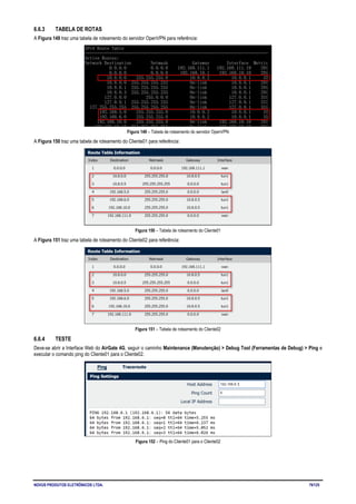 NOVUS PRODUTOS ELETRÔNICOS LTDA. 79/125
6.6.3 TABELA DE ROTAS
A Figura 149 traz uma tabela de roteamento do servidor OpenVPN para referência:
Figura 149 – Tabela de roteamento do servidor OpenVPN
A Figura 150 traz uma tabela de roteamento do Cliente01 para referência:
Figura 150 – Tabela de roteamento do Cliente01
A Figura 151 traz uma tabela de roteamento do Cliente02 para referência:
Figura 151 – Tabela de roteamento do Cliente02
6.6.4 TESTE
Deve-se abrir a Interface Web do AirGate 4G, seguir o caminho Maintenance (Manutenção) > Debug Tool (Ferramentas de Debug) > Ping e
executar o comando ping do Cliente01 para o Cliente02.
Figura 152 – Ping do Cliente01 para o Cliente02
 