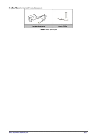 NOVUS PRODUTOS ELETRÔNICOS LTDA. 8/125
O AirGate 4G possui os seguintes itens acessórios opcionais:
Fonte de alimentação Antena Celular
Tabela 3 - Lista de itens opcionais
 