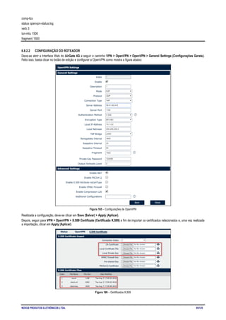 NOVUS PRODUTOS ELETRÔNICOS LTDA. 85/125
comp-lzo
status openvpn-status.log
verb 3
tun-mtu 1500
fragment 1500
6.8.2.2 CONFIGURAÇÃO DO ROTEADOR
Deve-se abrir a Interface Web do AirGate 4G e seguir o caminho VPN > OpenVPN > OpenVPN > General Settings (Configurações Gerais).
Feito isso, basta clicar no botão de edição e configurar a OpenVPN como mostra a figura abaixo:
Figura 165 – Configurações de OpenVPN
Realizada a configuração, deve-se clicar em Save (Salvar) > Apply (Aplicar).
Depois, seguir para VPN > OpenVPN > X.509 Certificate (Certificado X.509) a fim de importar os certificados relacionados e, uma vez realizada
a importação, clicar em Apply (Aplicar).
Figura 166 – Certificados X.509
 