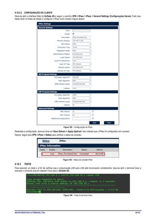 NOVUS PRODUTOS ELETRÔNICOS LTDA. 92/125
6.10.2.2 CONFIGURAÇÃO DO CLIENTE
Deve-se abrir a Interface Web do AirGate 4G e seguir o caminho VPN > IPsec > IPsec > General Settings (Configurações Gerais). Feito isso,
basta clicar no botão de edição e configurar o IPsec como mostra a figura abaixo:
Figura 182 – Configurações de IPsec
Realizada a configuração, deve-se clicar em Save (Salvar) > Apply (Aplicar). Isso indicará que o IPsec foi configurado com sucesso.
Depois, seguir para VPN > IPsec > Status para verificar o status da conexão.
Figura 183 – Status da conexão IPsec
6.10.3 TESTE
Para executar um teste e a fim de verificar que a comunicação LAN para LAN está funcionando corretamente, deve-se abrir o terminal Cisco e
executar o comando ping do roteador Cisco para o AirGate 4G.
Figura 184 – Teste do terminal Cisco
 
