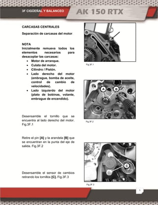 3F CIGÜEÑAL Y BALANCEO
5
Fig.3F.1
Fig.3F.3
Fig.3F.2
CARCASAS CENTRALES
Separación de carcasas del motor.
NOTA
Inicialmente remueva todos los
elementos necesarios para
desacoplar las carcasas:
· Motor de arranque.
· Culata del motor.
· Cilindro / Pistón.
· Lado derecho del motor
(embrague, bomba de aceite,
control de cambio de
velocidades).
· Lado izquierdo del motor
(plato de bobinas, volante,
embrague de encendido).
Desensamble el tornillo que se
encuentra al lado derecho del motor.
Fig.3F.1
Retire el pin [A] y la arandela [B] que
se encuentran en la punta del eje de
salida. Fig.3F.2
Desensamble el sensor de cambios
retirando los tornillos [C]. Fig.3F.3
A B
C
 