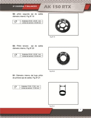 3F CIGÜEÑAL Y BALANCEO
12
Fig.3F.19
Fig.3F.21
Fig.3F.20
S2: piñón segunda eje de salida
diámetro internó. Fig.3F.19
Estándar 23.02 - 23.05 mm
Límite de servicio 23.09 mm
S3: Piñón tercera eje de salida
diámetro interno. Fig.3F.20
Estándar 23.02 - 23.05 mm
Límite de servicio 23.09 mm
S1: Diámetro interno del buje piñón
de primera eje de salida. Fig.3F.21
Estándar 17.00 - 17.02 mm
Límite de servicio 17.05 mm
 