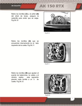 3A CULATA
7
Fig.3A.12
Fig.3A.11
Fig.3A.10
Retire los tornillos [C] y el piñón [D]
del árbol de levas, asegure la
cadenilla para evitar que se caiga.
Fig.3A.10
Retire los tornillos [A] que se
encuentran internamente en el lado
izquierdo de la culata. Fig.3A.11
Retire los tornillos [B] que ajustan el
puente de balancines, la culata y el
cilindro; realice esta operación
girando cada tornillo a un ¼ de
vuelta. Fig.3A.12
C
D
A
B
 